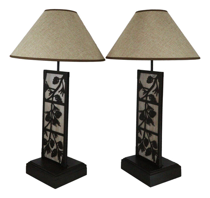 Ebros Gift Set Of 2 Rustic Western Pinecone On Branches Wood Metal Bedside Table Lamps