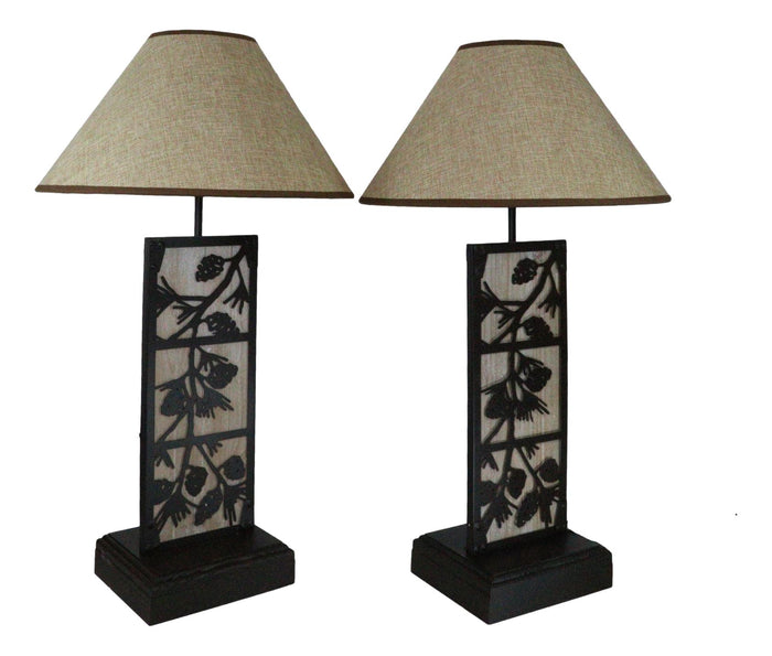 Ebros Gift Set Of 2 Rustic Western Pinecone On Branches Wood Metal Bedside Table Lamps