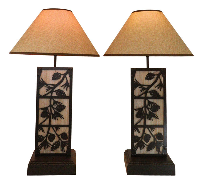 ebros gift Set of 2 Rustic Western Pinecone On Branches Wood Metal Bedside Table Lamps