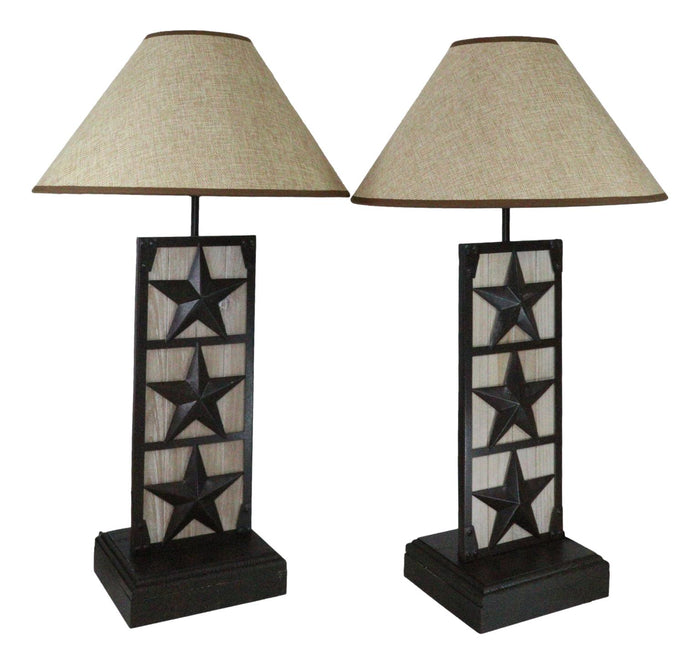 Ebros Gift Set Of 2 Rustic Western Triple Lone Stars Wood And Metal Bedside Table Lamps