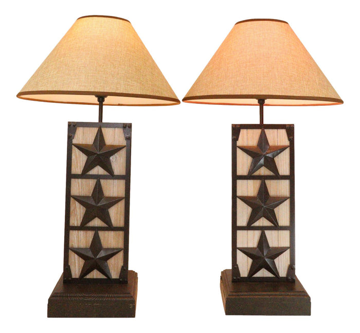 ebros gift Set of 2 Rustic Western Triple Lone Stars Wood And Metal Bedside Table Lamps