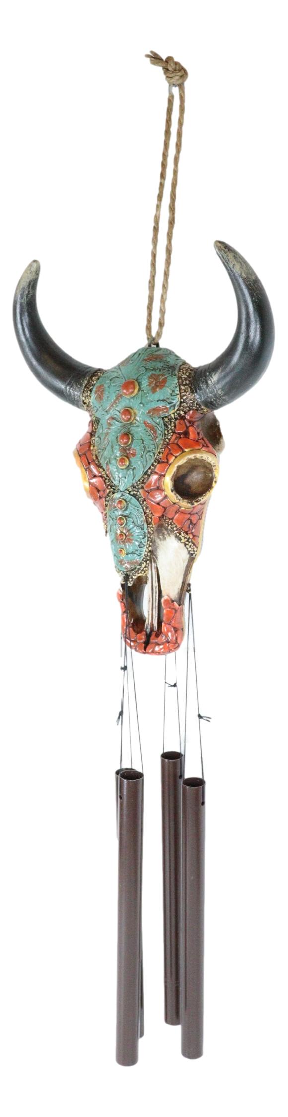 Ebros Gift Set Of 2 Southwest Boho Chic Turquoise Ember Floral Scroll Cow Skull Wind Chimes