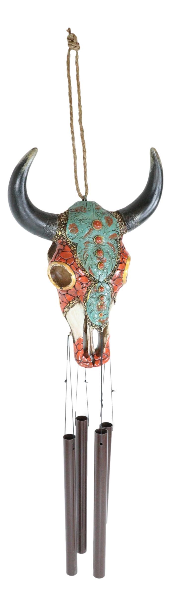 Ebros Gift Set Of 2 Southwest Boho Chic Turquoise Ember Floral Scroll Cow Skull Wind Chimes