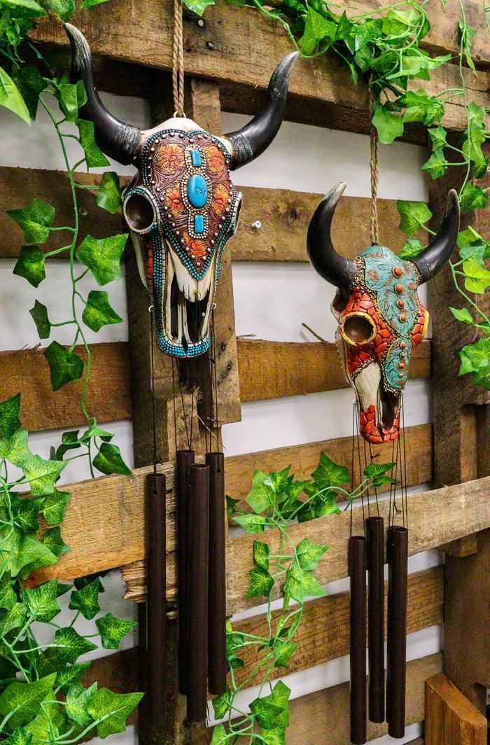 Ebros Gift Set Of 2 Southwest Boho Chic Turquoise Ember Floral Scroll Cow Skull Wind Chimes