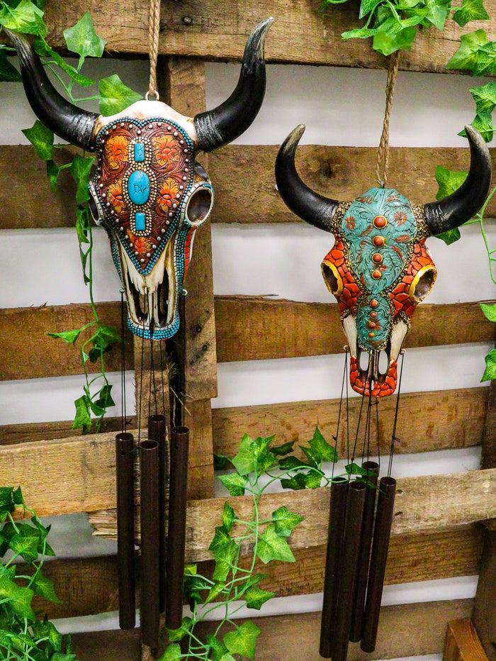 ebros gift Set Of 2 Southwest Boho Chic Turquoise Ember Floral Scroll Cow Skull Wind Chimes