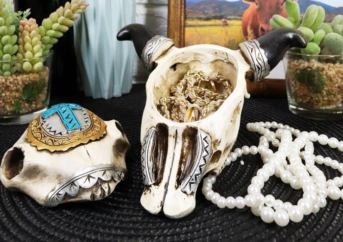 Ebros Gift Set Of 2 Southwest Rustic Cow Skull With Cross And Aztec Patterns Trinket Boxes