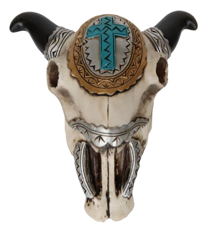 Ebros Gift Set Of 2 Southwest Rustic Cow Skull With Cross And Aztec Patterns Trinket Boxes