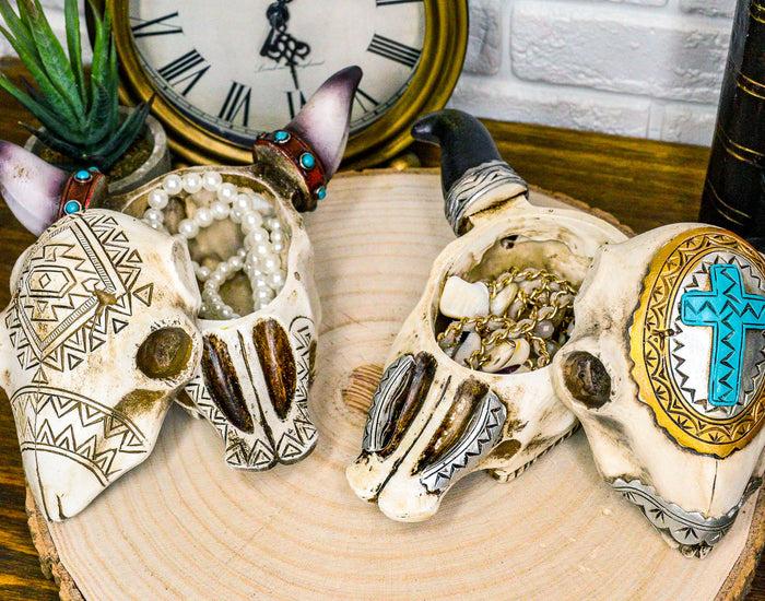 ebros gift Set Of 2 Southwest Rustic Cow Skull With Cross And Aztec Patterns Trinket Boxes