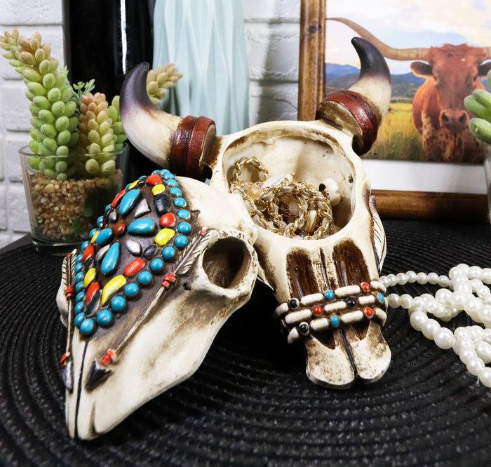 Ebros Gift Set Of 2 Southwest Rustic Cow Skull With Turquoise Navajo Patterns Trinket Boxes