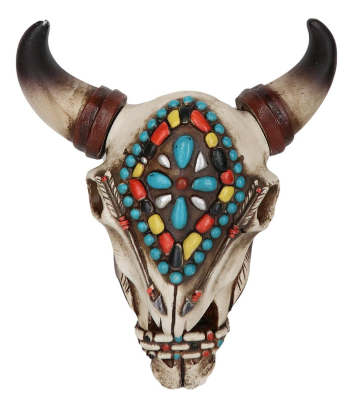 Ebros Gift Set Of 2 Southwest Rustic Cow Skull With Turquoise Navajo Patterns Trinket Boxes