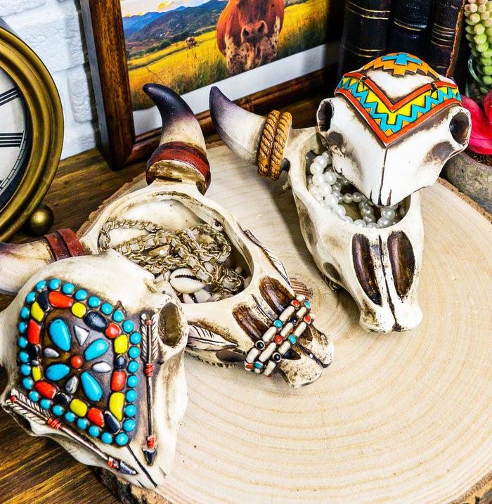 ebros gift Set Of 2 Southwest Rustic Cow Skull With Turquoise Navajo Patterns Trinket Boxes
