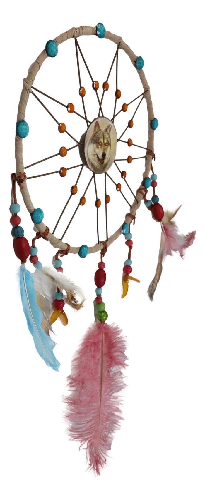 Ebros Gift Set Of 2 Southwestern Indian Boho Chic Moon Gray Wolf Feather Wall Dreamcatchers