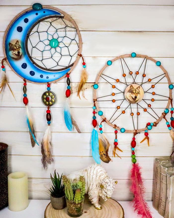 ebros gift Set Of 2 Southwestern Indian Boho Chic Moon Gray Wolf Feather Wall Dreamcatchers