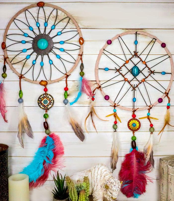 ebros gift Set Of 2 Southwestern Tribal Indian Boho Chic Floral Feather Wall Dreamcatchers