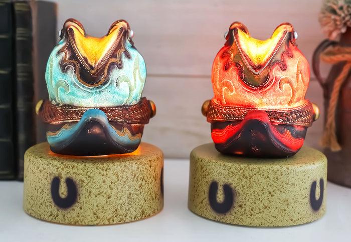 Ebros Gift Set Of 2 Turquoise And Maroon Western Cowboy Pair Of Boots Mini LED Night Lights