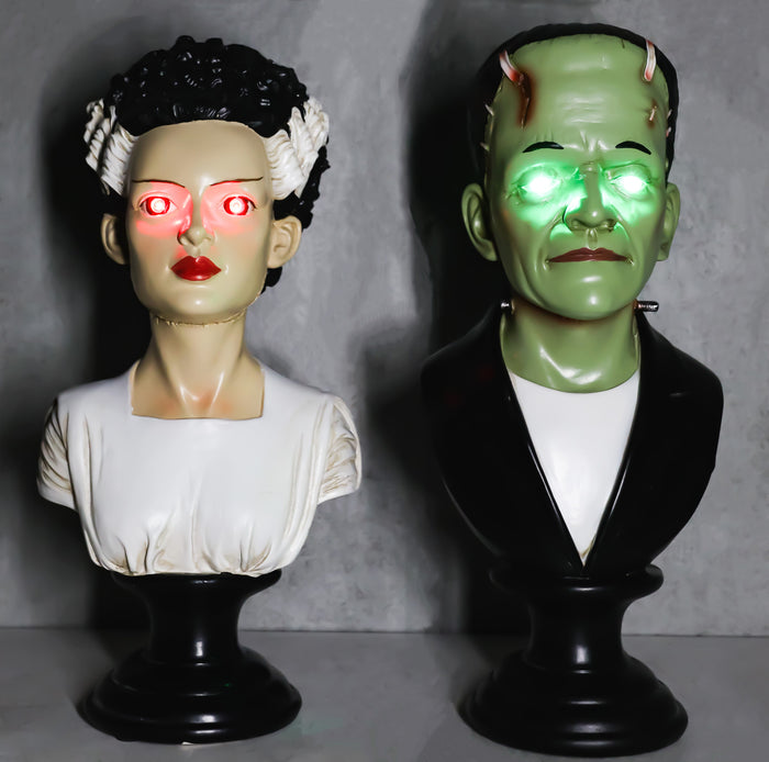 Ebros Gift Set Of 2 Victor Frankenstein With Elizabeth Bride Bust Figurines With LED Eyes