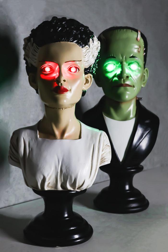 ebros gift Set Of 2 Victor Frankenstein With Elizabeth Bride Bust Figurines With LED Eyes
