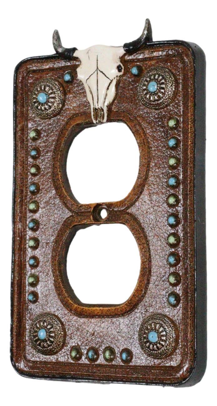 Ebros Gift Set Of 2 Western Cow Skull Turquoise Concho Wall Double Receptacle Switch Plates