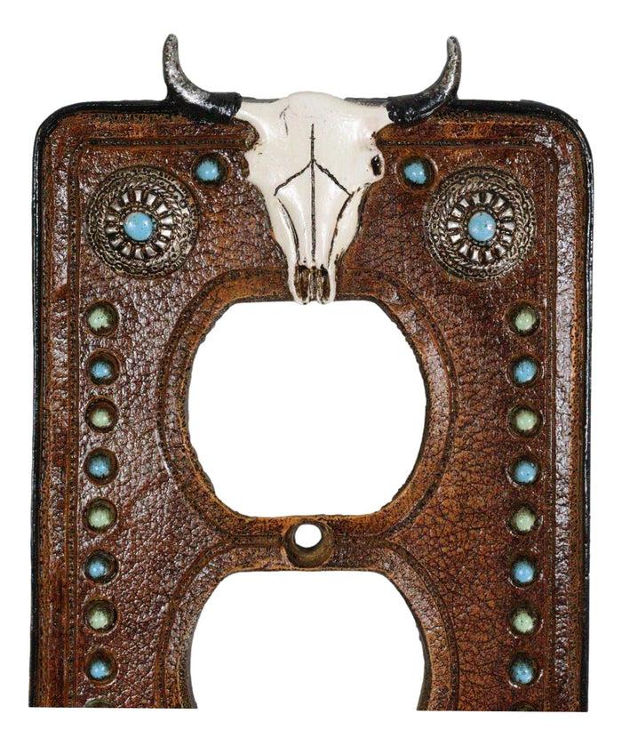 Ebros Gift Set Of 2 Western Cow Skull Turquoise Concho Wall Double Receptacle Switch Plates