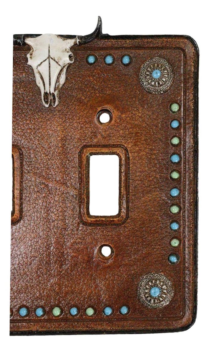 Ebros Gift Set Of 2 Western Cow Skull Turquoise Conchos Wall Double Toggle Switch Plates