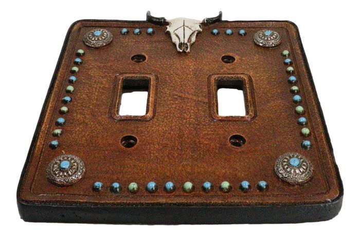 Ebros Gift Set Of 2 Western Cow Skull Turquoise Conchos Wall Double Toggle Switch Plates