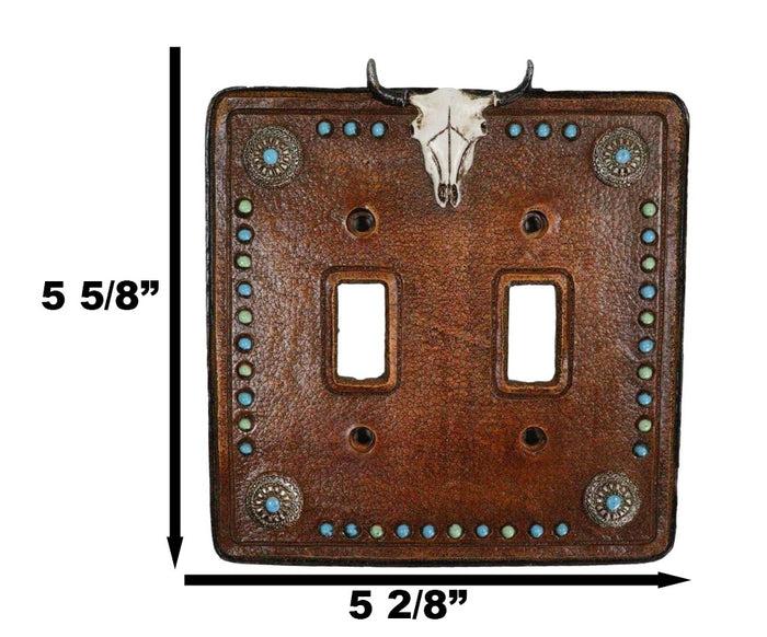 Ebros Gift Set Of 2 Western Cow Skull Turquoise Conchos Wall Double Toggle Switch Plates