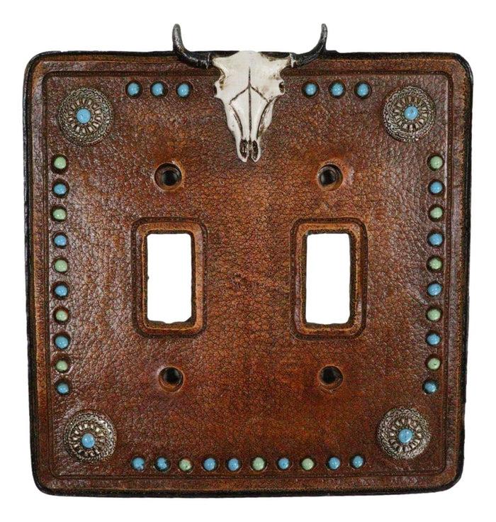 ebros gift Set of 2 Western Cow Skull Turquoise Conchos Wall Double Toggle Switch Plates