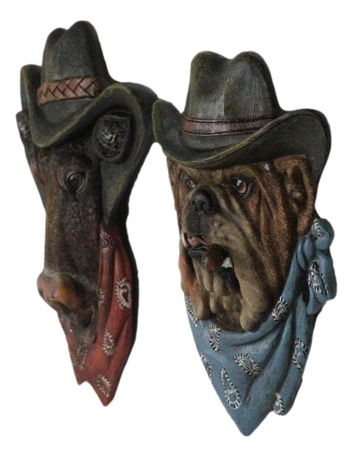 Ebros Gift Set Of 2 Western Cowboy Bulldog Dog And Bull Cow Hats And Scarves Wall Plaques