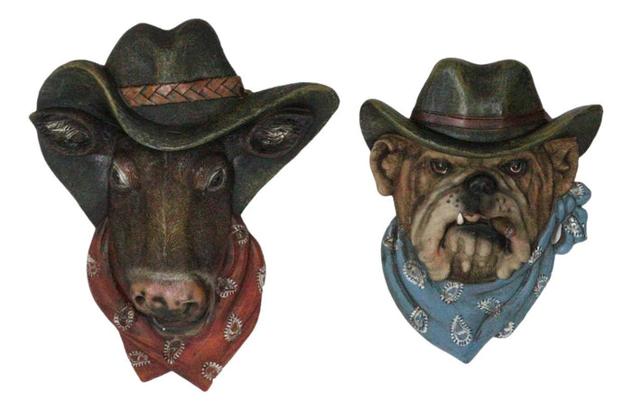 ebros gift Set of 2 Western Cowboy Bulldog Dog and Bull Cow Hats and Scarves Wall Plaques