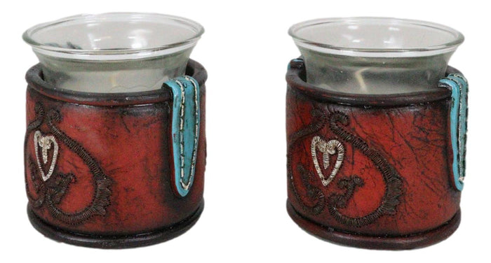 Ebros Gift Set Of 2 Western Cowgirl Love Heart Scrollwork Faux Leather Votive Candle Holder