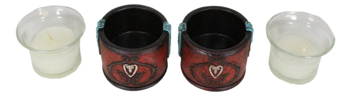 Ebros Gift Set Of 2 Western Cowgirl Love Heart Scrollwork Faux Leather Votive Candle Holder