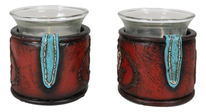 Ebros Gift Set Of 2 Western Cowgirl Love Heart Scrollwork Faux Leather Votive Candle Holder