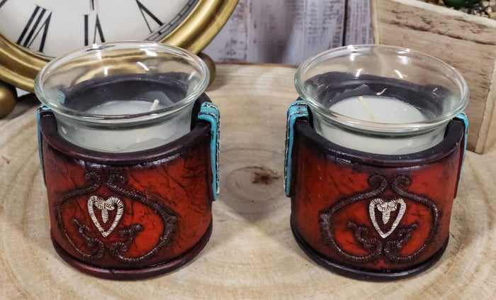 ebros gift Set Of 2 Western Cowgirl Love Heart Scrollwork Faux Leather Votive Candle Holder