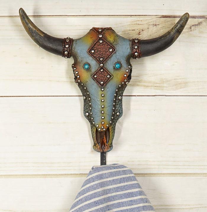 Ebros Gift Set Of 2 Western Faux Wood And Tooled Leather Steer Bull Cow Skull Wall Hooks