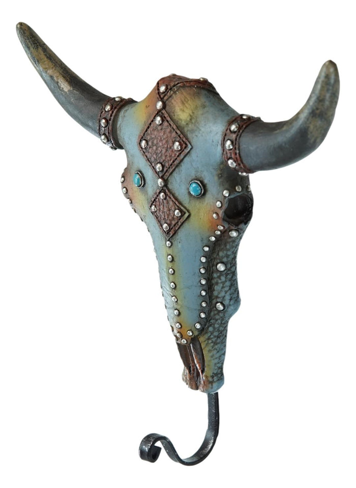 Ebros Gift Set Of 2 Western Faux Wood And Tooled Leather Steer Bull Cow Skull Wall Hooks