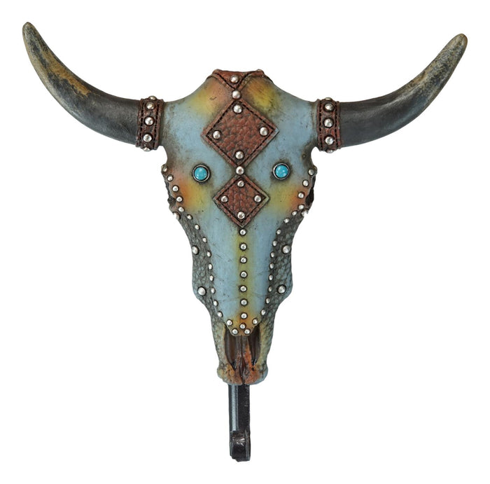 Ebros Gift Set Of 2 Western Faux Wood And Tooled Leather Steer Bull Cow Skull Wall Hooks