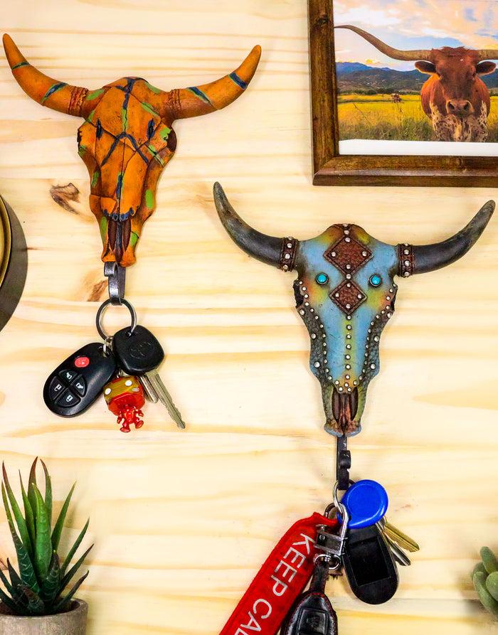 ebros gift Set Of 2 Western Faux Wood And Tooled Leather Steer Bull Cow Skull Wall Hooks
