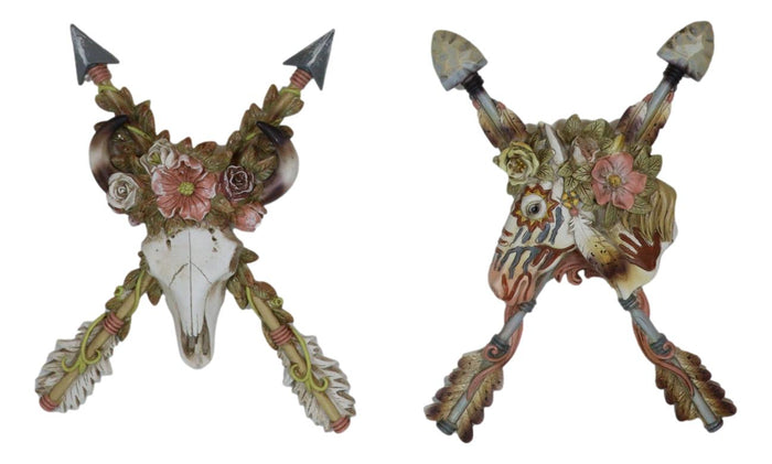 Ebros Gift Set Of 2 Western Floral Blooms Cow Skull & Horse With Crossed Arrows Wall Decor