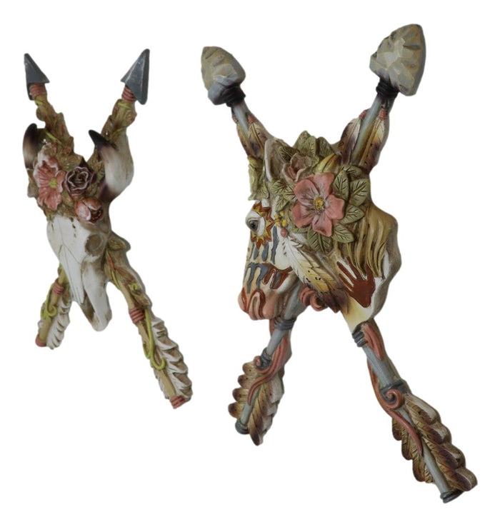 Ebros Gift Set Of 2 Western Floral Blooms Cow Skull & Horse With Crossed Arrows Wall Decor