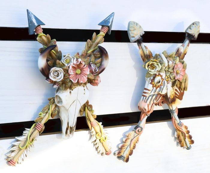ebros gift Set of 2 Western Floral Blooms Cow Skull & Horse With Crossed Arrows Wall Decor