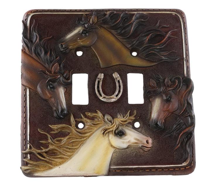 Ebros Gift Set Of 2 Western Horseshoe And Colorful Horses Wall Double Toggle Switch Plates