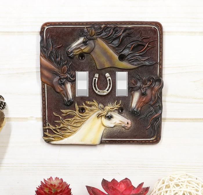ebros gift Set of 2 Western Horseshoe And Colorful Horses Wall Double Toggle Switch Plates