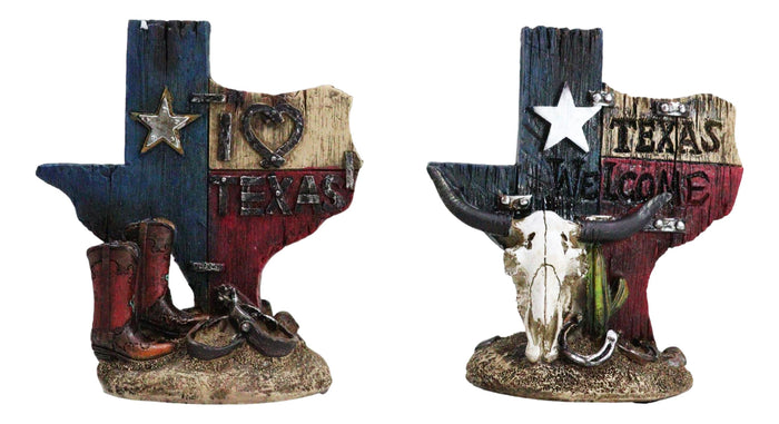 ebros gift Set Of 2 Western Texas Map Cowboy Boots Cow Skull Horseshoe Cactus Figurines