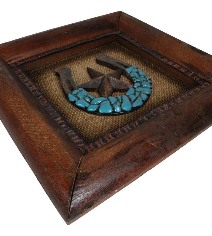 Ebros Gift Set Of 2 Western Turquoise Gems Cowboy Boot Horseshoe Wooden Wall Picture Frames