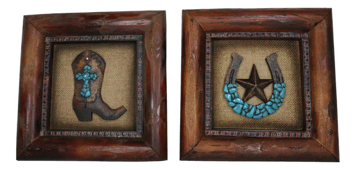Ebros Gift Set Of 2 Western Turquoise Gems Cowboy Boot Horseshoe Wooden Wall Picture Frames