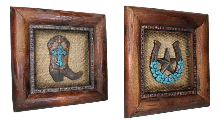 Ebros Gift Set Of 2 Western Turquoise Gems Cowboy Boot Horseshoe Wooden Wall Picture Frames