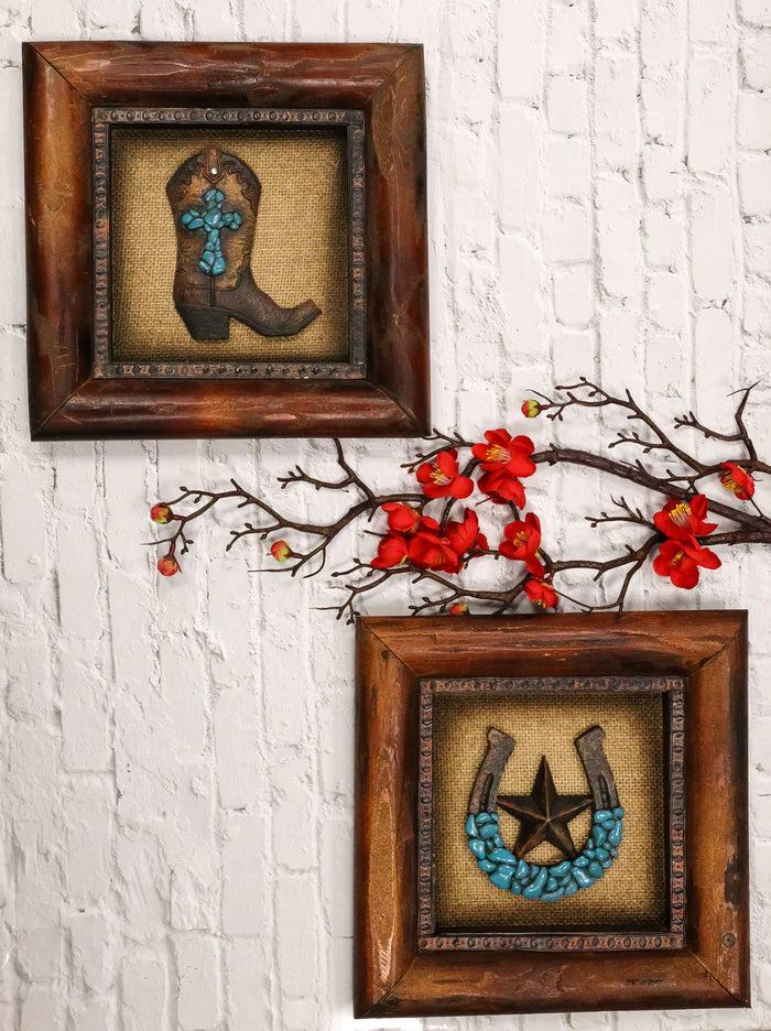 ebros gift Set of 2 Western Turquoise Gems Cowboy Boot Horseshoe Wooden Wall Picture Frames