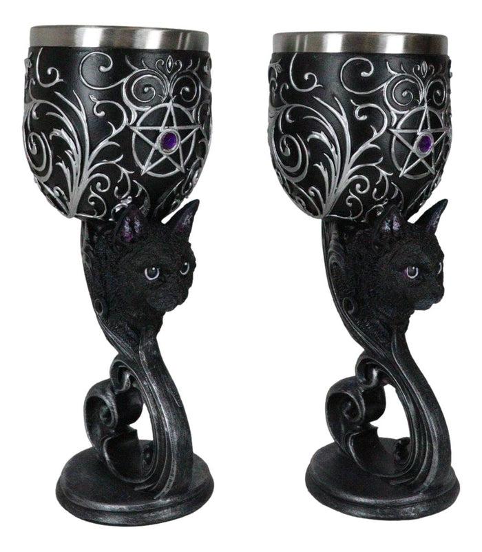 Ebros Gift Set Of 2 Wicca Black Cats Familiars Love Hex Of The Heart Pentagram Wine Goblets