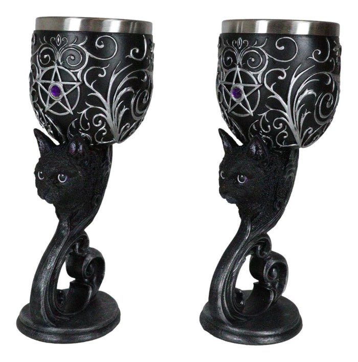 Ebros Gift Set Of 2 Wicca Black Cats Familiars Love Hex Of The Heart Pentagram Wine Goblets