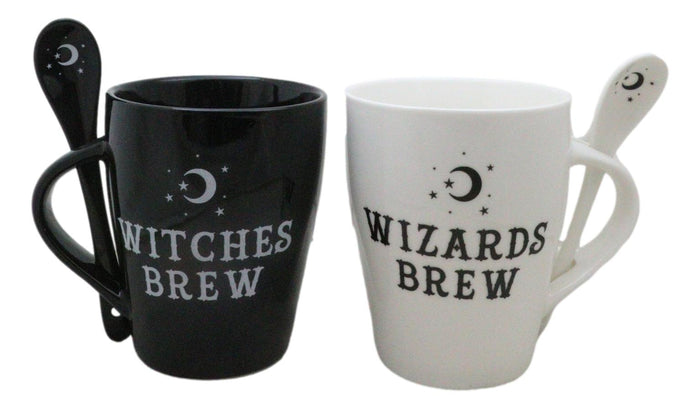 Ebros Gift Set Of 2 Wicca Moons Black Witches And White Wizards Brew Cup Mugs And Spoons